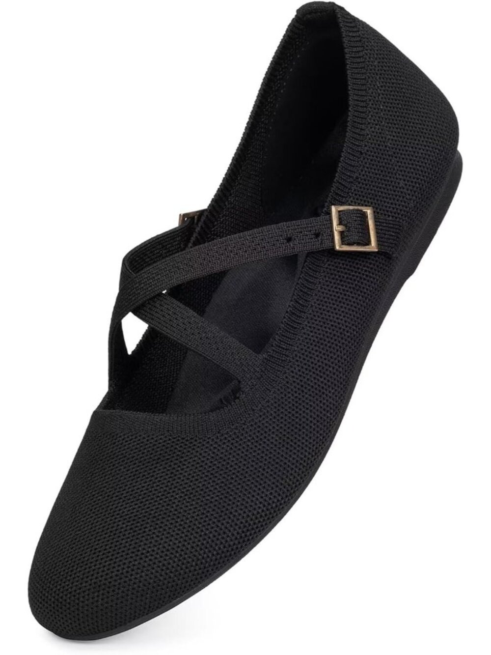 Women's Solid Black Rubber Buckle Flats Knit Ballet Cross Ankle Strap Flat Shoes